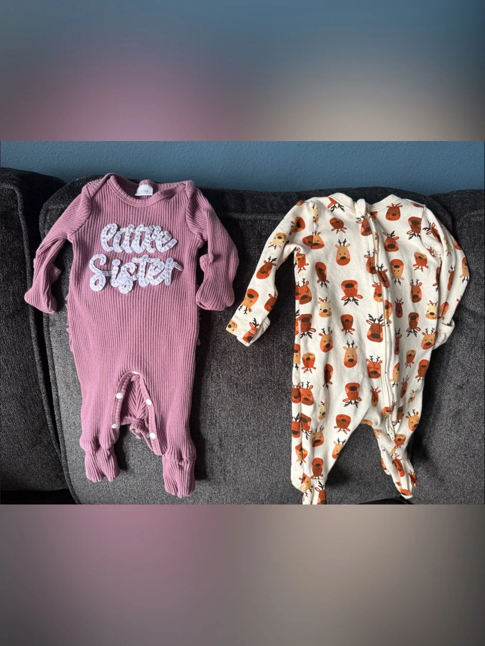 Old Navy reindeer pajamas and Mauve Ribbed 'Little Sister' One-Piece Footie